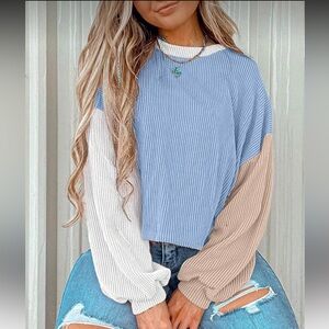 Plus Size Loose fit Colorblock Ribbed Long Sleeve Top Blouse Shirt Blue